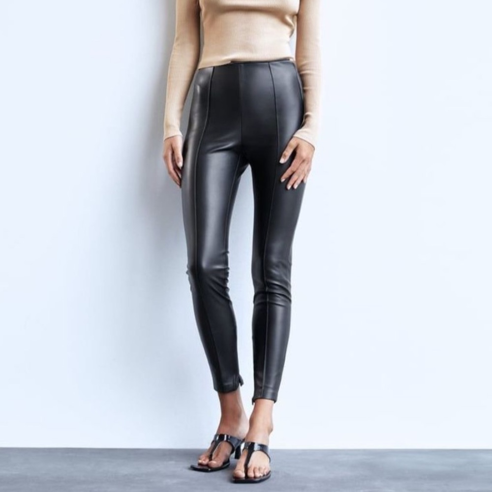 ZARA MID RISE BLACK FAUX LEATHER LEGGINGS NWT